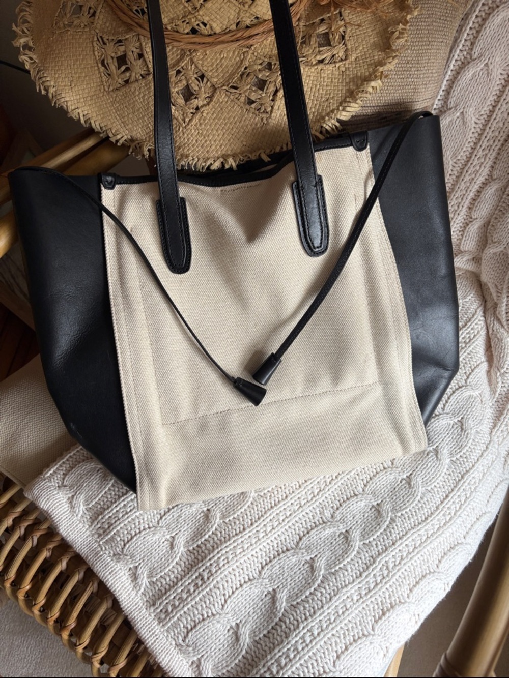 J Crew Canvas & Leather Tote Bag in Black and Cream - Picture 7 of 11